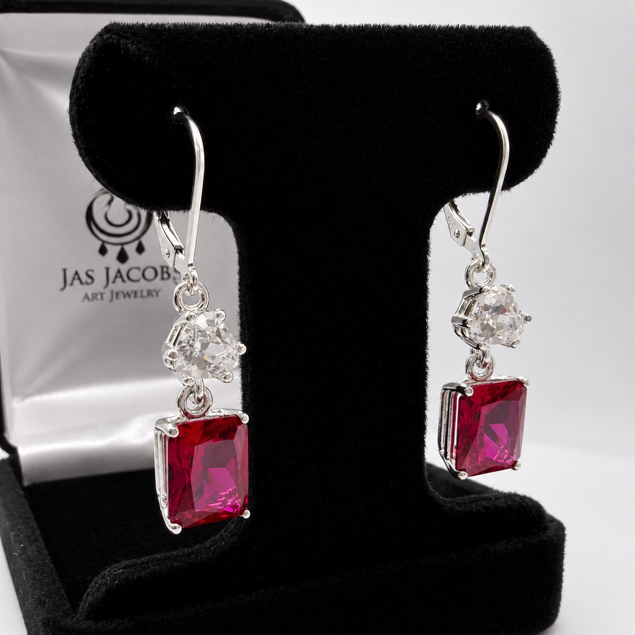 9ctw Emerald Cut Ruby & White Sapphire Dangle Earrings