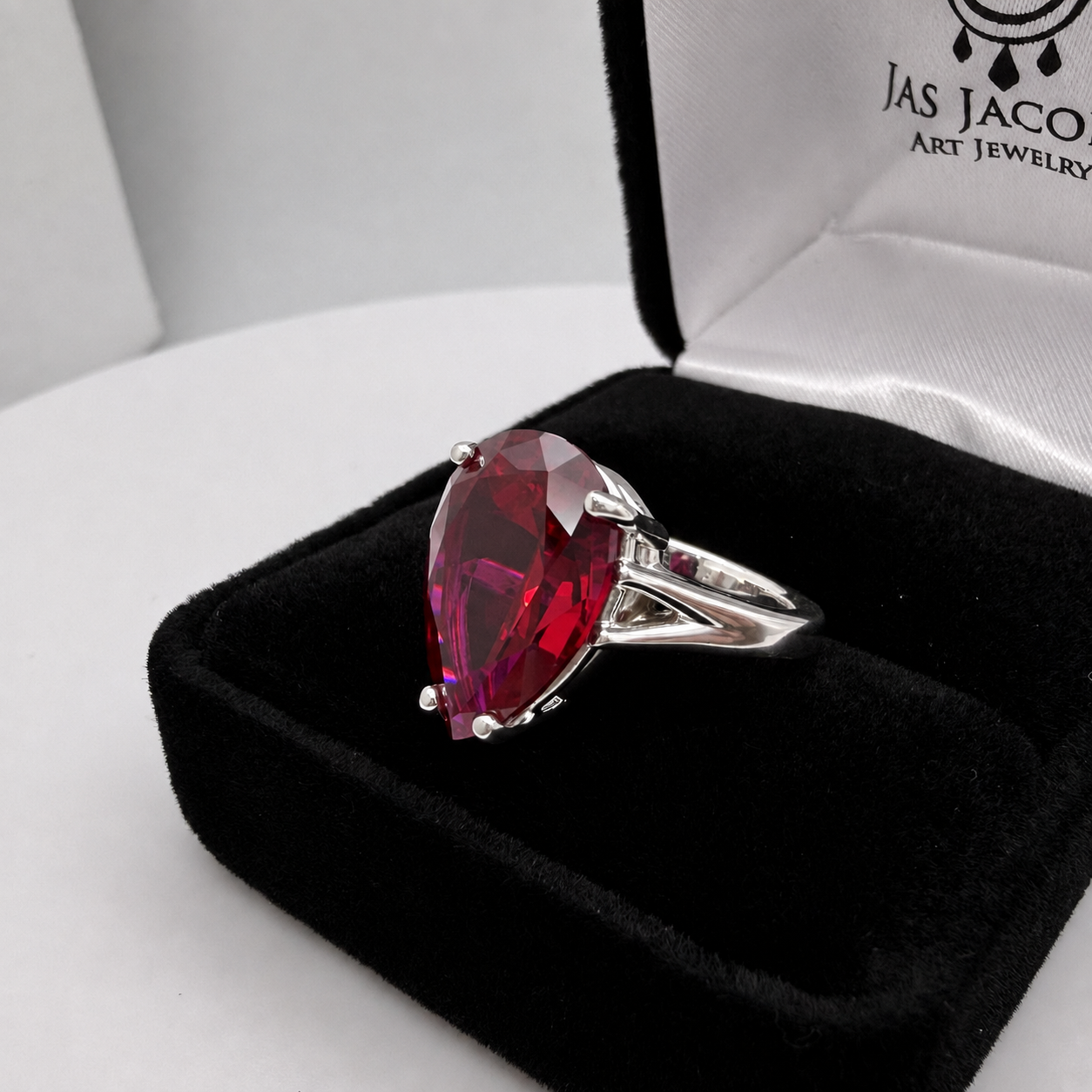 7.5ct Pear Cut Ruby Cathedral Solitaire Ring