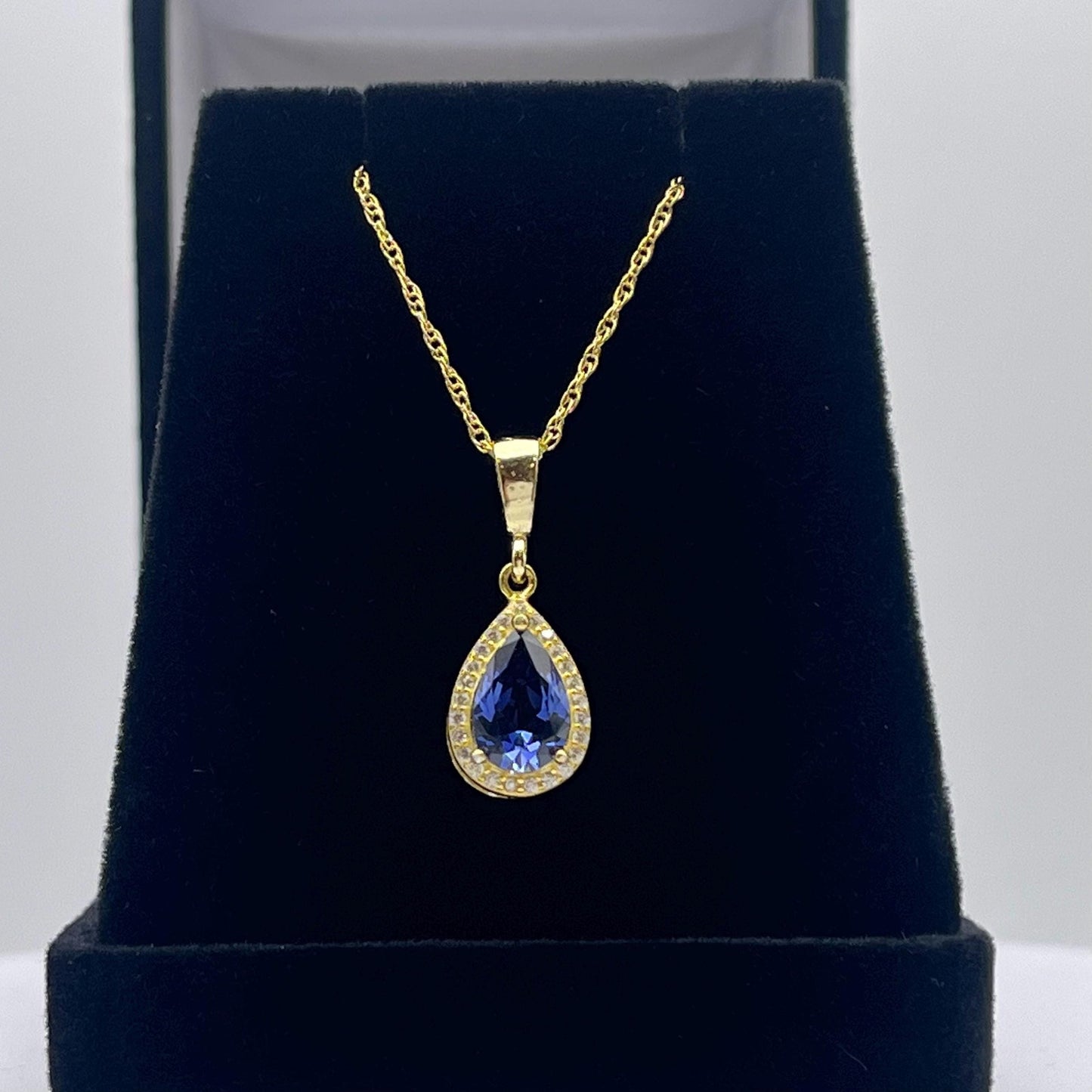 Beautiful 1.5ct Sapphire Necklace Halo Pendant 14k Yellow Gold Vermeil 16” 18” Bridal Jewelry Gift Teardrop