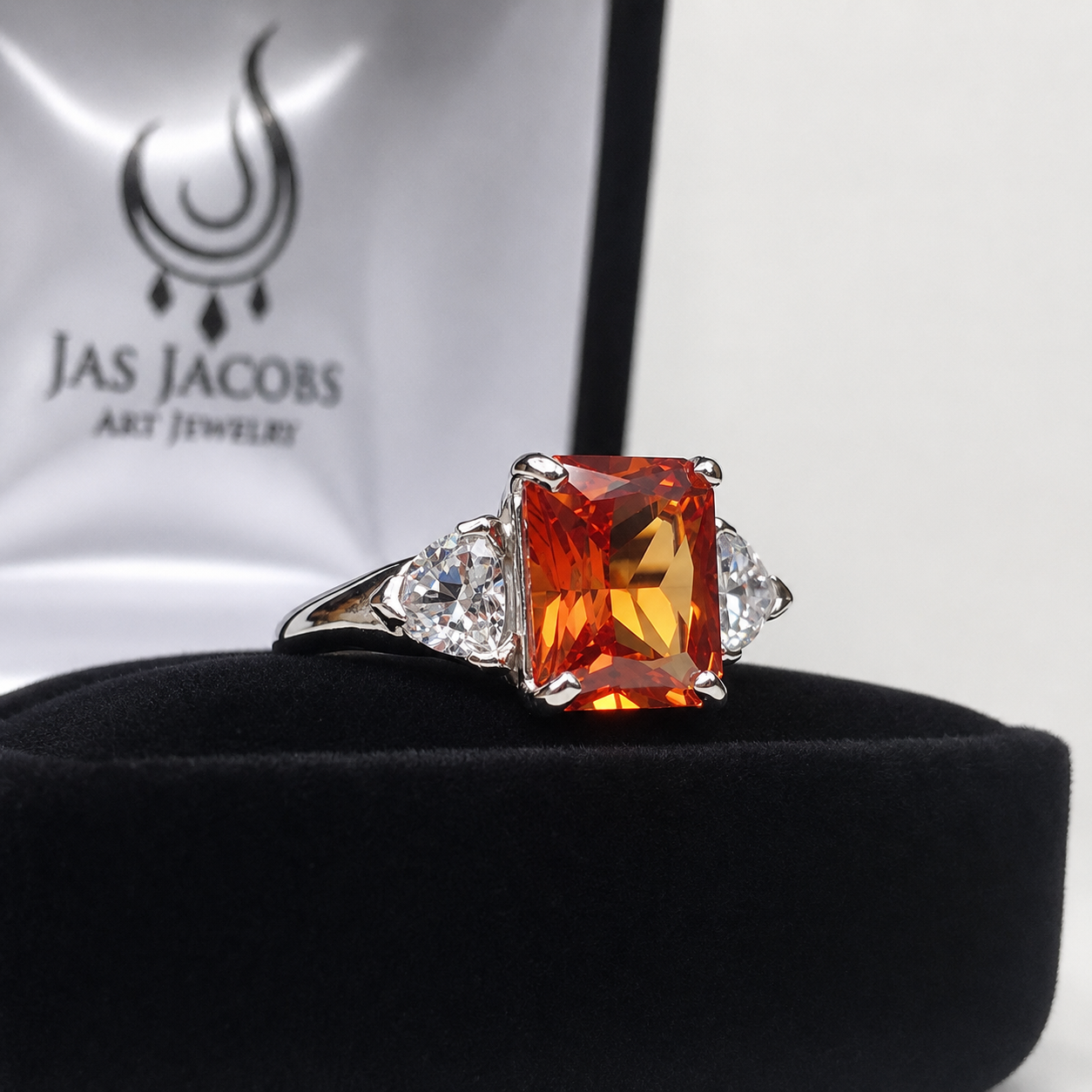 5.5ct Emerald Cut Padparadscha Sapphire Ring | Trillion Cut White Sapphire Three Stone Ring