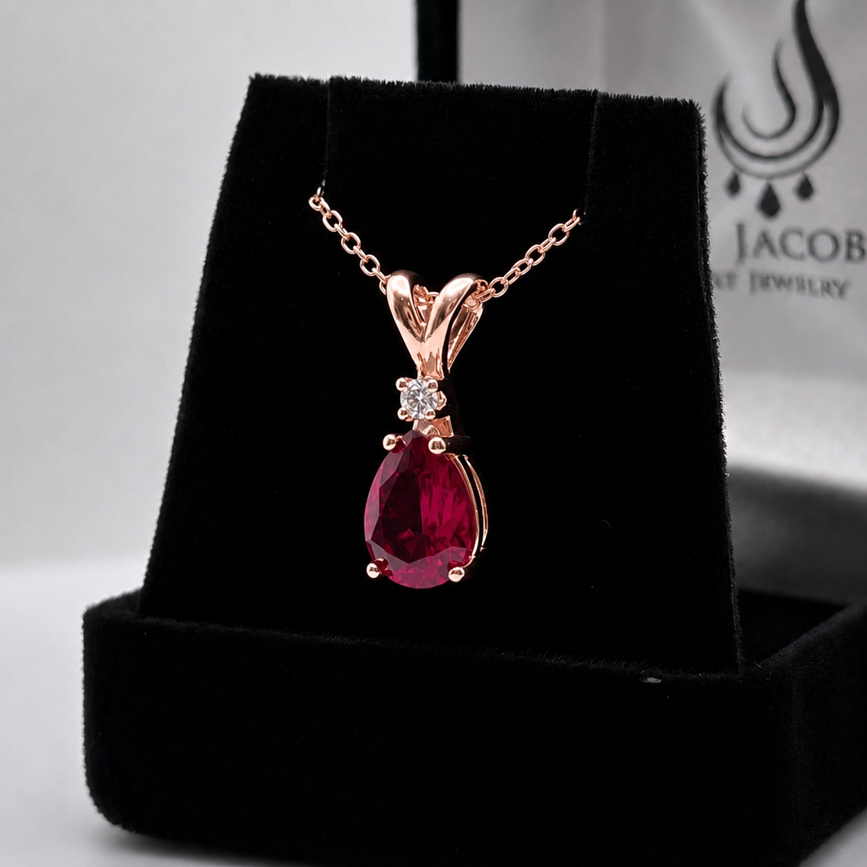 2.2CT Pear Cut Ruby Pendant Necklace | Diamond Accent