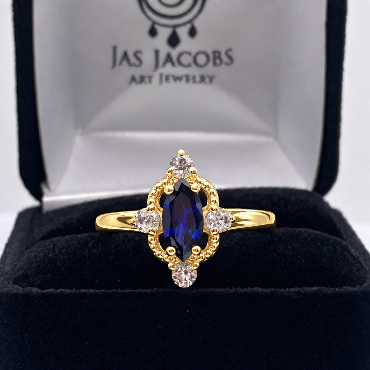 Marquise Sapphire & Diamond Navette Ring in Solid Gold
