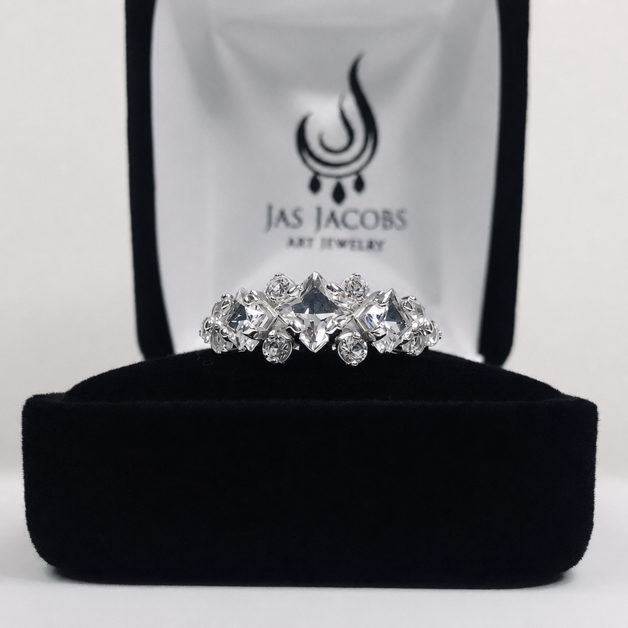 Art Deco Inspired Princess Cut White Sapphire and Diamond Three Stone Ring