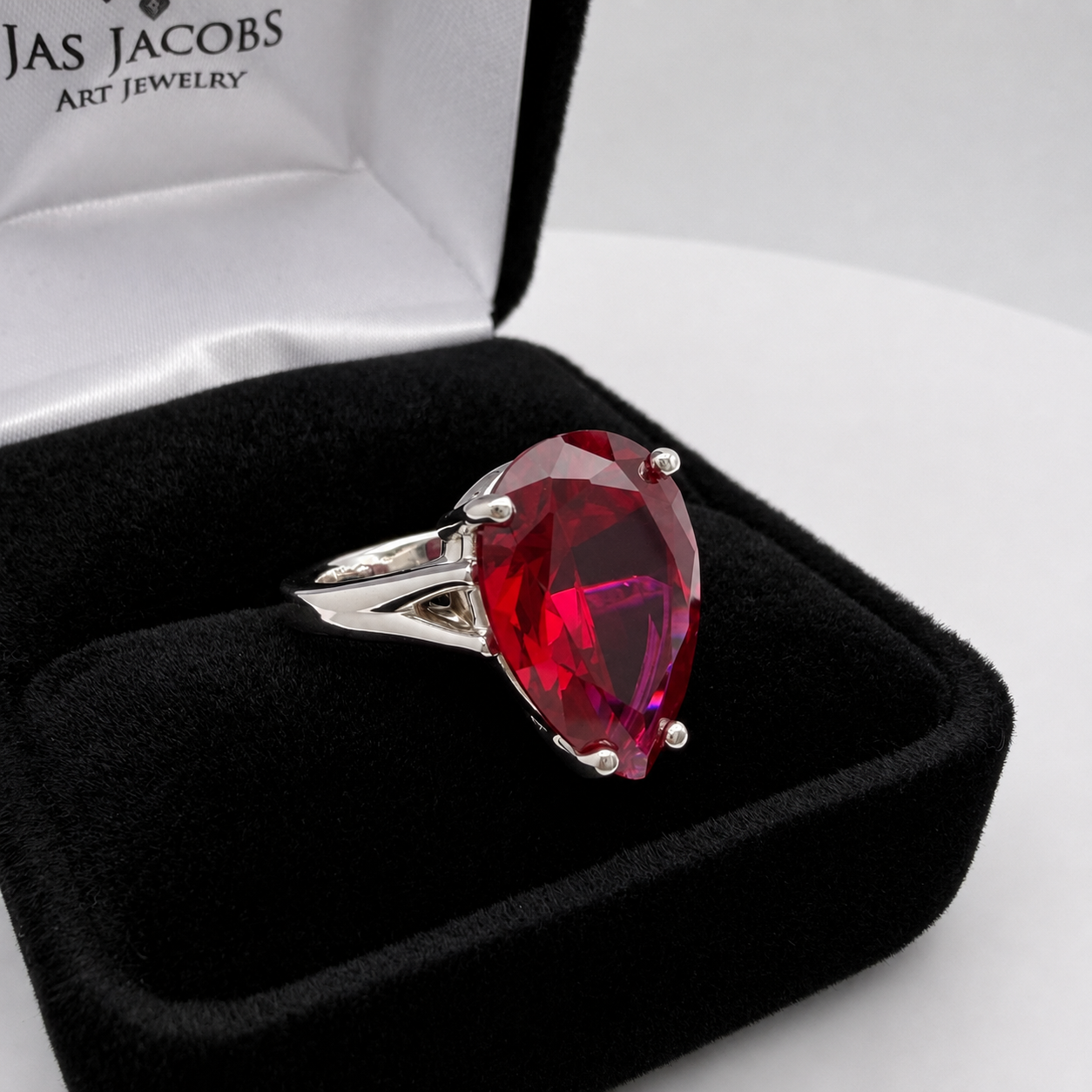 7.5ct Pear Cut Ruby Cathedral Solitaire Ring