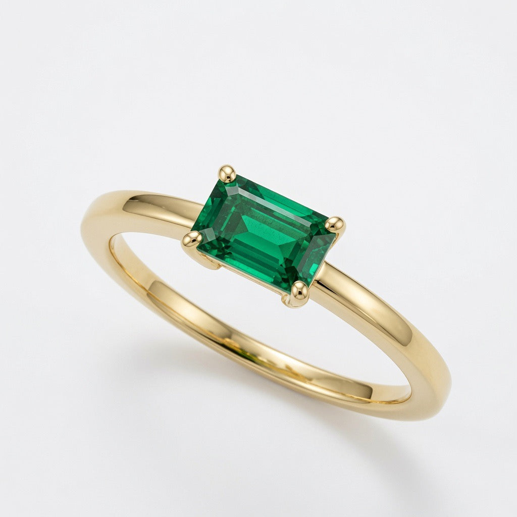 14K Yellow Gold 6x4mm Emerald Cut Emerald Ring – East-West Stackable Solitaire Ring | Minimalist May Birthstone Ring