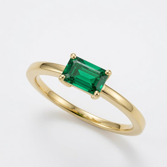 14K Yellow Gold 6x4mm Emerald Cut Emerald Ring – East-West Stackable Solitaire Ring | Minimalist May Birthstone Ring