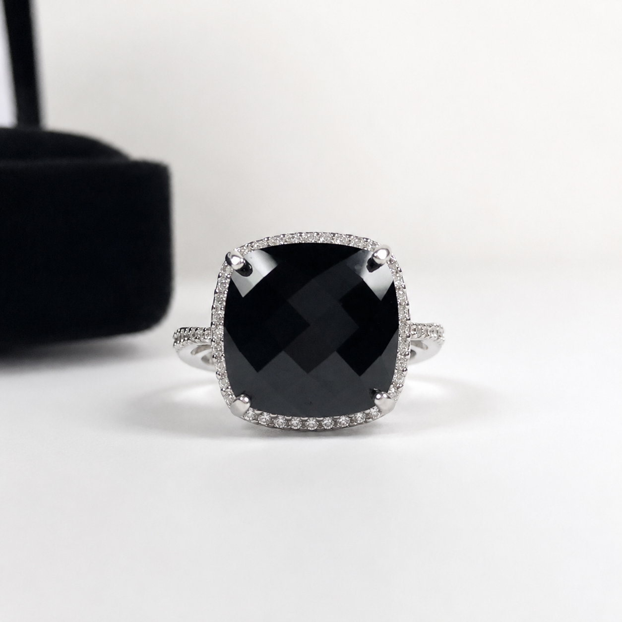 12ct Cushion Cut Black Onyx Halo Ring