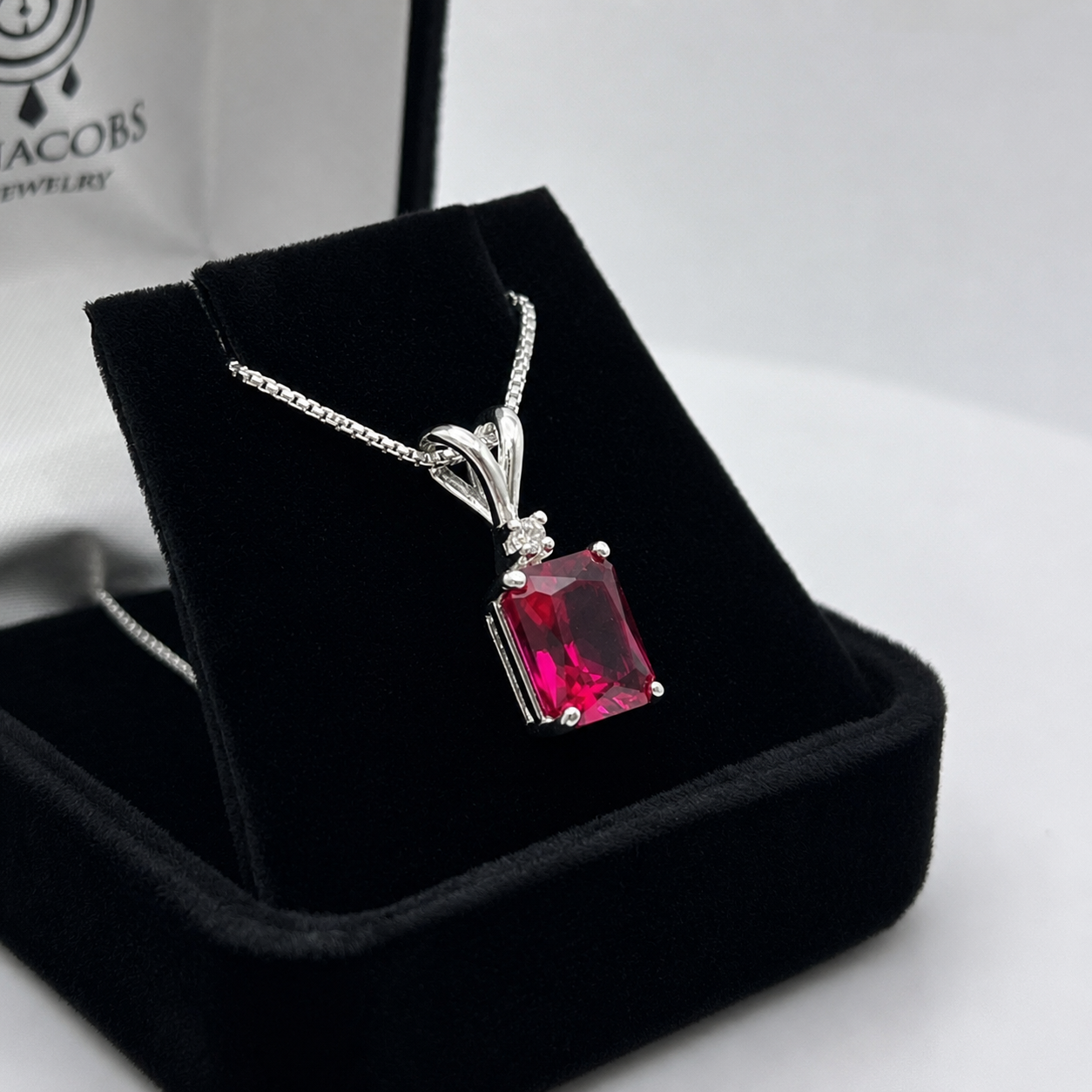 3CTW Emerald Cut Ruby Pendant Necklace | Diamond Accent