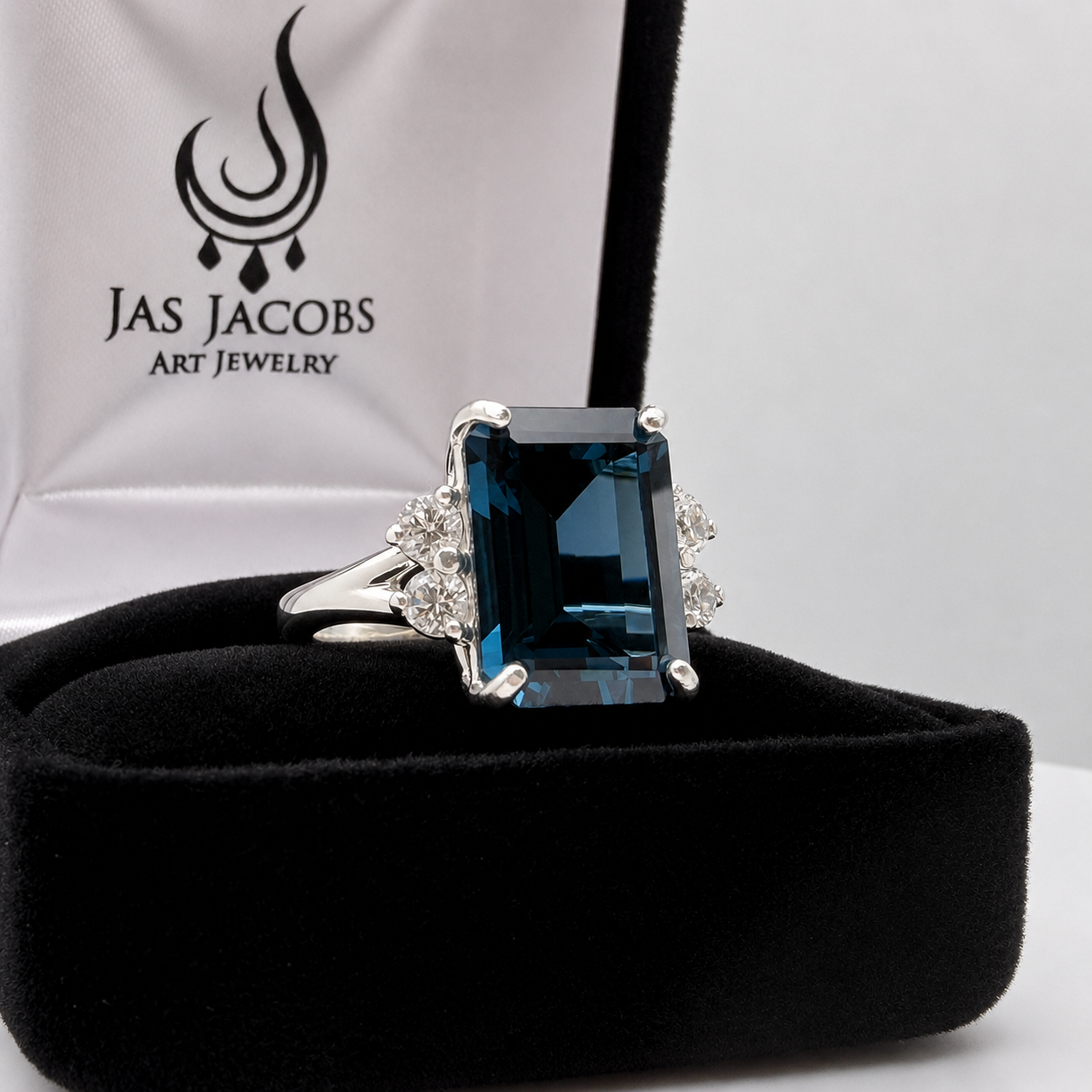 7ct Emerald Cut London Blue Spinel and White Topaz Ring | Split Shank Cathedral Ring | 10k or 14k Gold