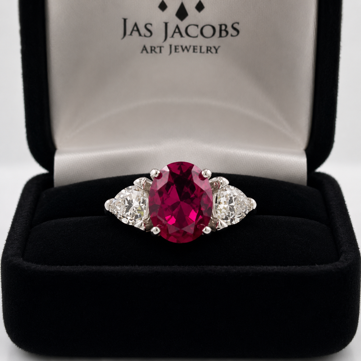4.5ctw Oval Cut Ruby & Trillion Cut White Sapphire Three Stone Ring