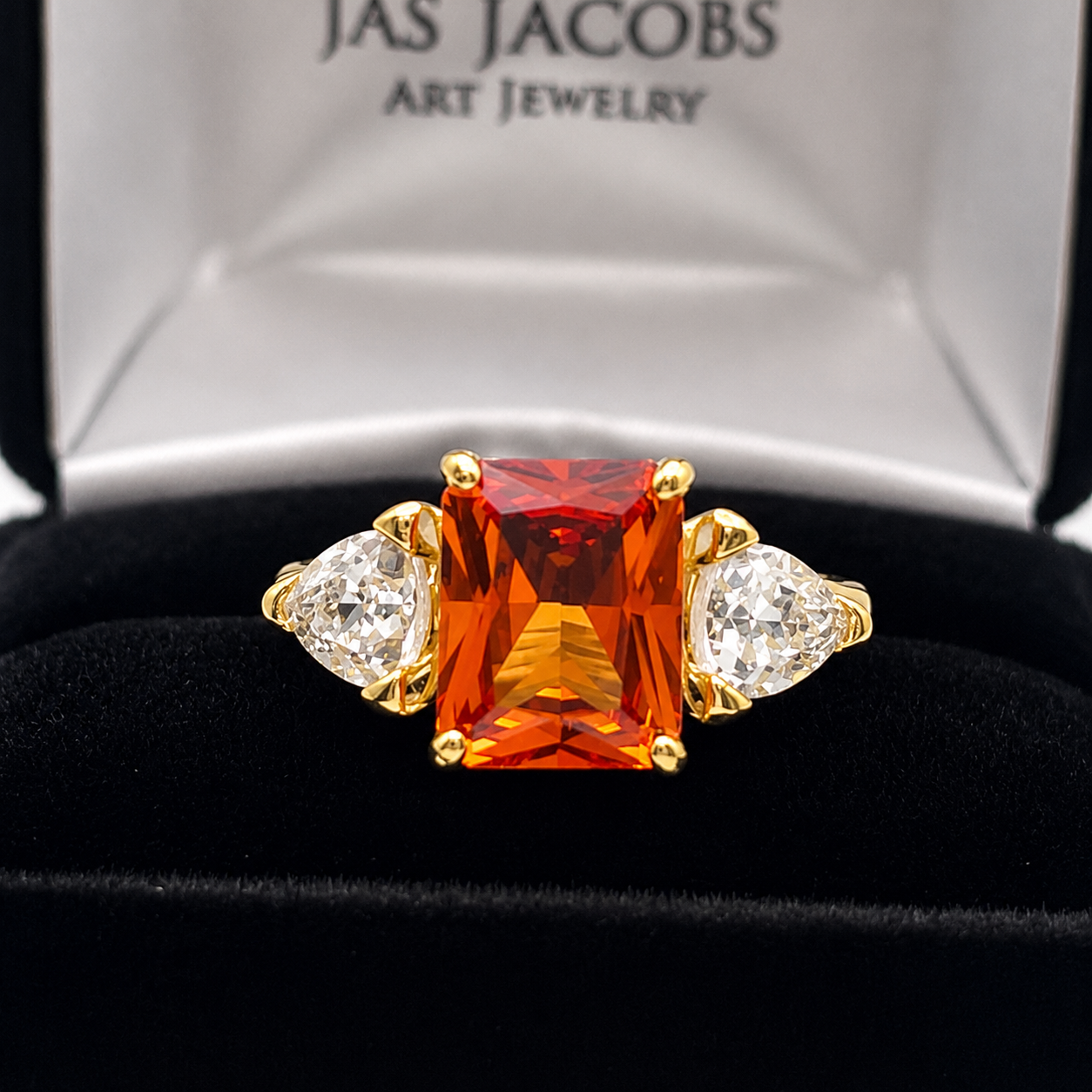 5.5ct Emerald Cut Padparadscha Sapphire Ring | Trillion Cut White Sapphire Three Stone Ring