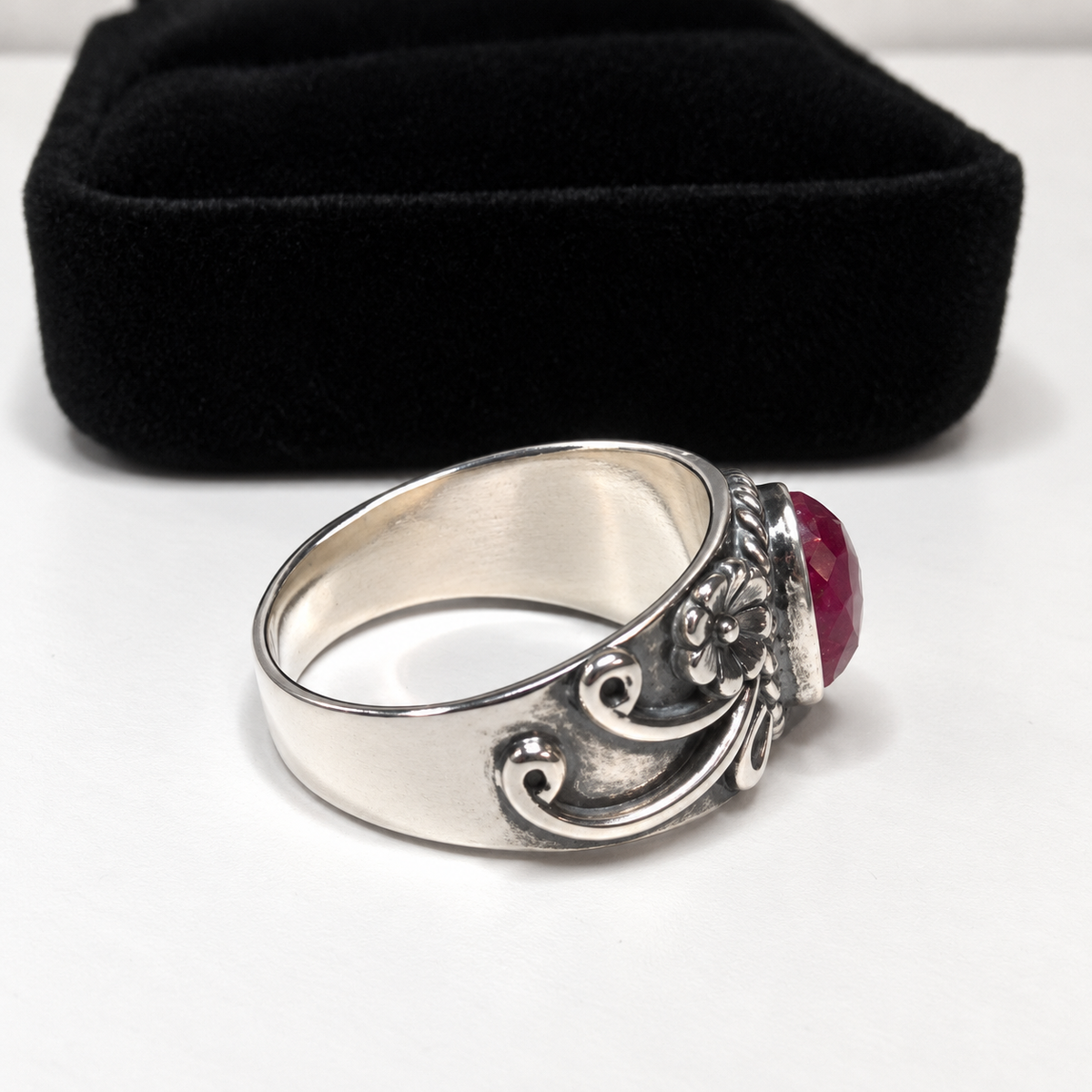 1.3ct Oval Genuine Ruby Floral Wide Band Ring