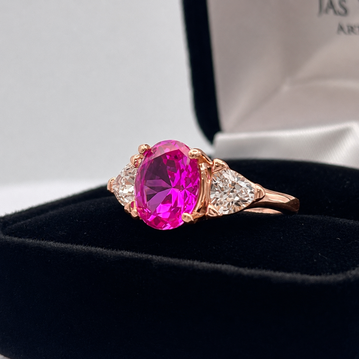 4ctw Bright Pink Sapphire Ring | White Sapphire Trillions | Three-Stone