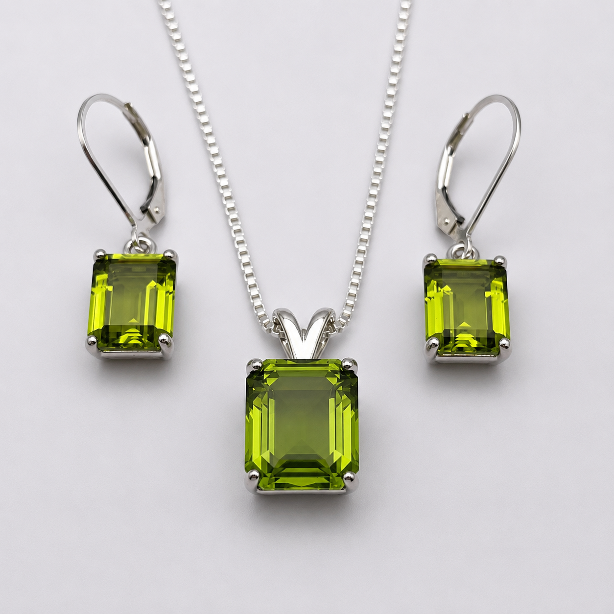Emerald Cut Peridot Necklace and Earrings Set in Sterling Silver | August Birthstone Jewelry Gift for Her