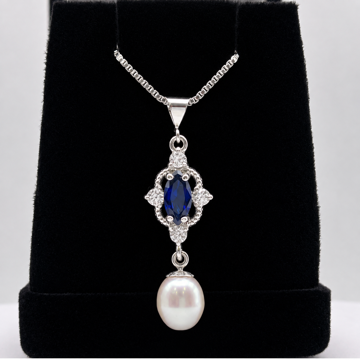 Pearl & Marquise Blue Sapphire Vintage Inspired Necklace