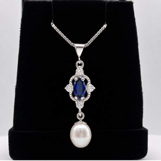 Pearl & Marquise Blue Sapphire Vintage Inspired Necklace