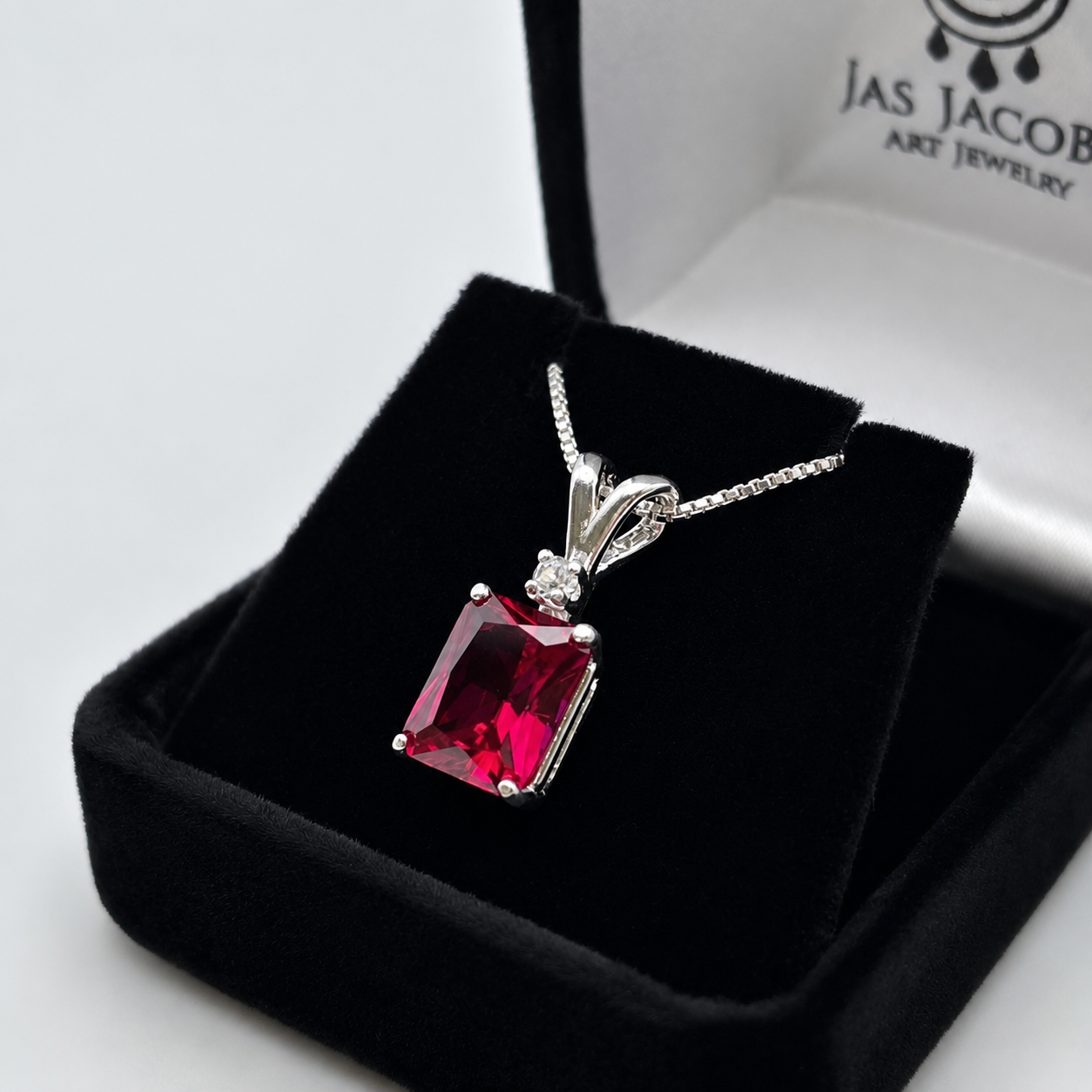 3CTW Emerald Cut Ruby Pendant Necklace | Diamond Accent