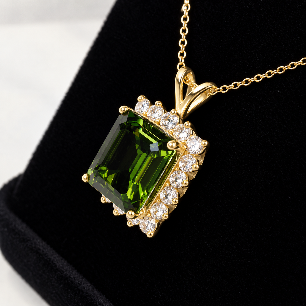 8ctw Emerald Cut Peridot & White Sapphire Halo Pendant