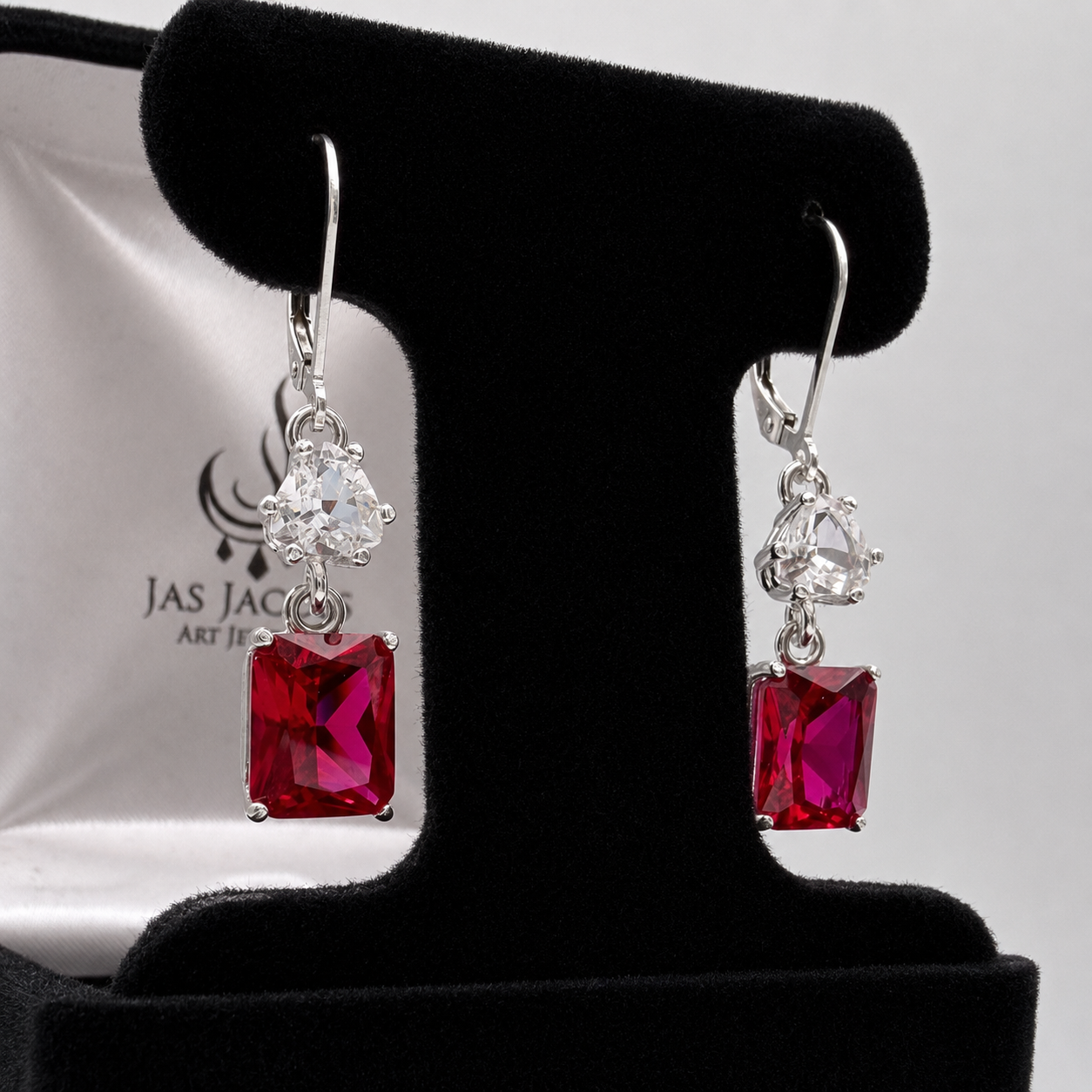 9ctw Emerald Cut Ruby & White Sapphire Dangle Earrings