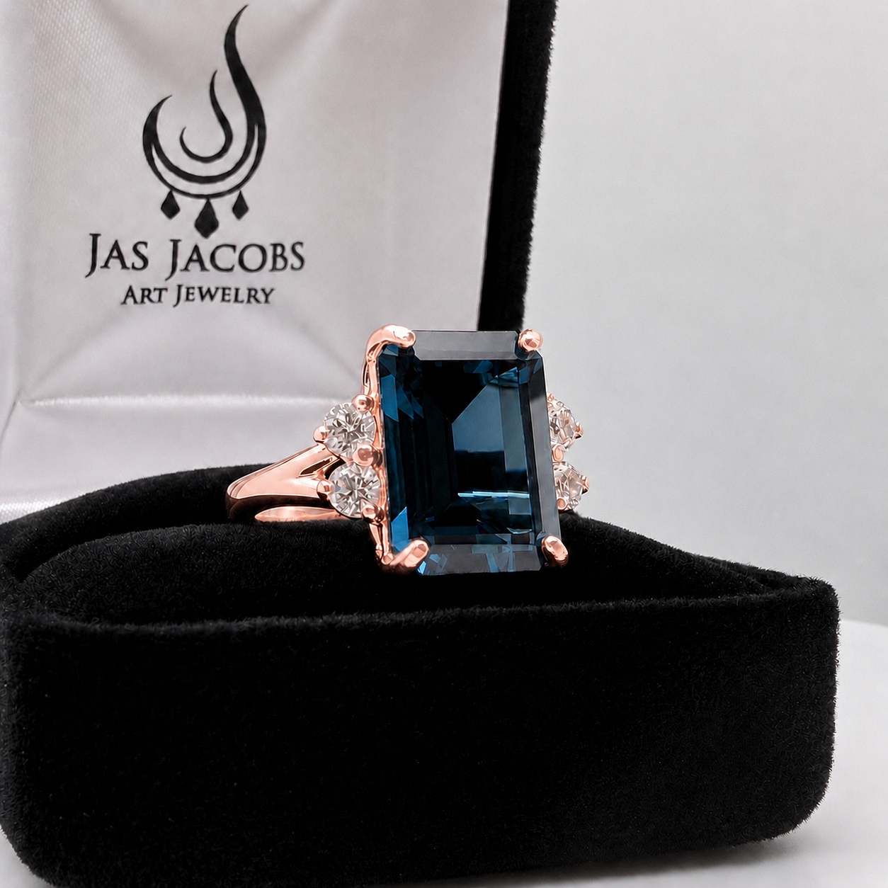 7ct Emerald Cut London Blue Spinel and White Topaz Ring | Split Shank Cathedral Ring | 10k or 14k Gold