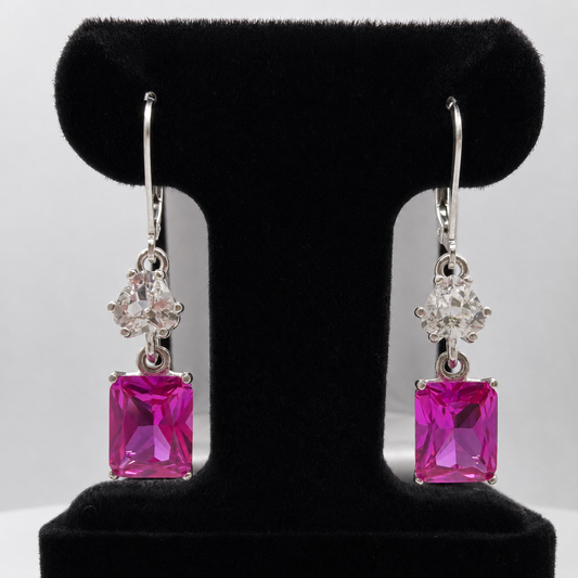 9ctw Emerald Cut Pink Sapphire & White Sapphire Dangle Earrings