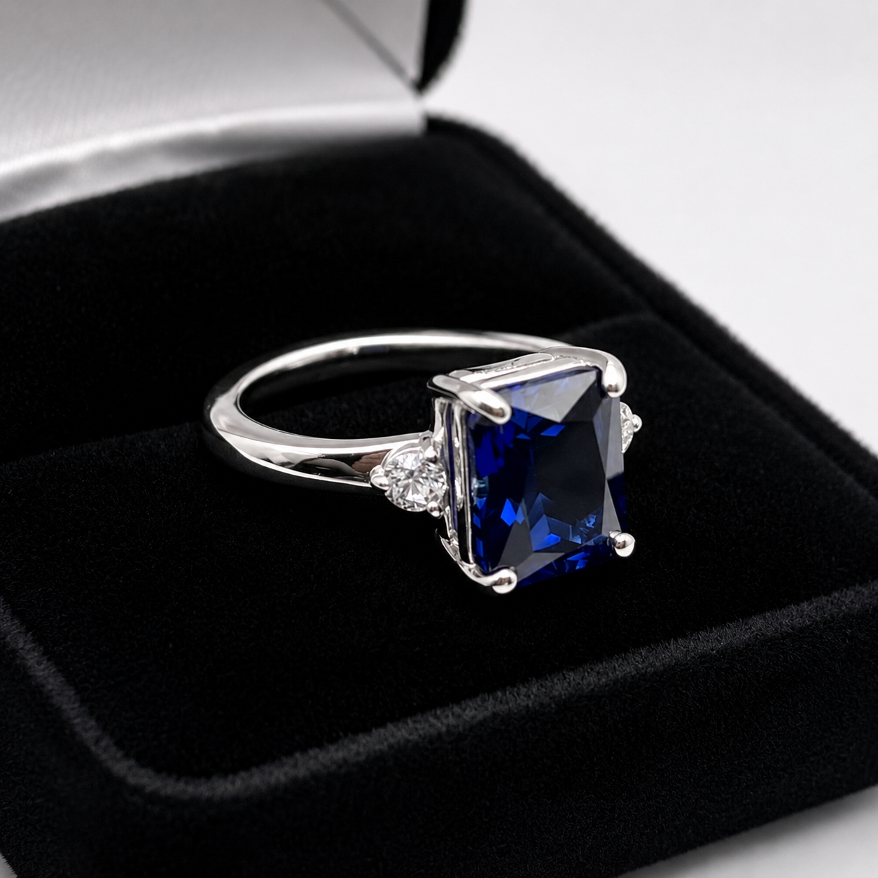 4 Carat Emerald Cut Blue Sapphire Ring with Diamond Accents