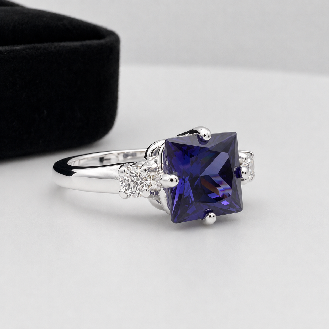 Princess Cut Simulated Tanzanite & White Sapphire Art Deco Ring