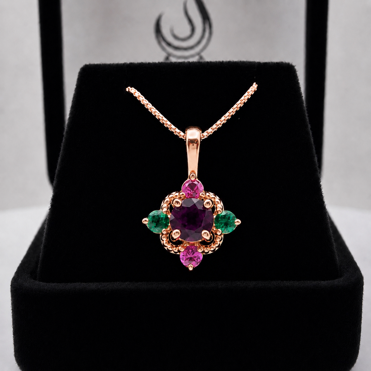 Vintage Inspired Rhodolite Garnet Pendant Necklace with Emeralds & Pink Sapphires | Heirloom Jewelry Gift | Customizable Jewelry