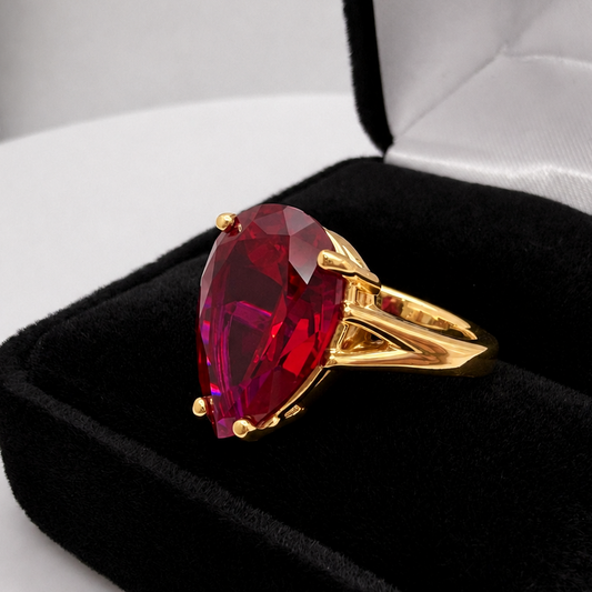 7.5ct Pear Cut Ruby Cathedral Solitaire Ring