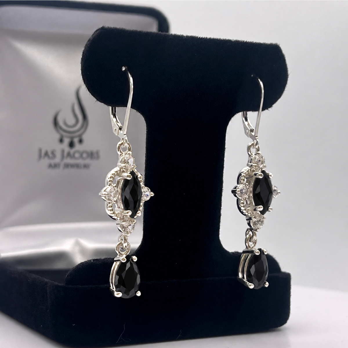Marquise Black Onyx & White Sapphire Dangle Earrings