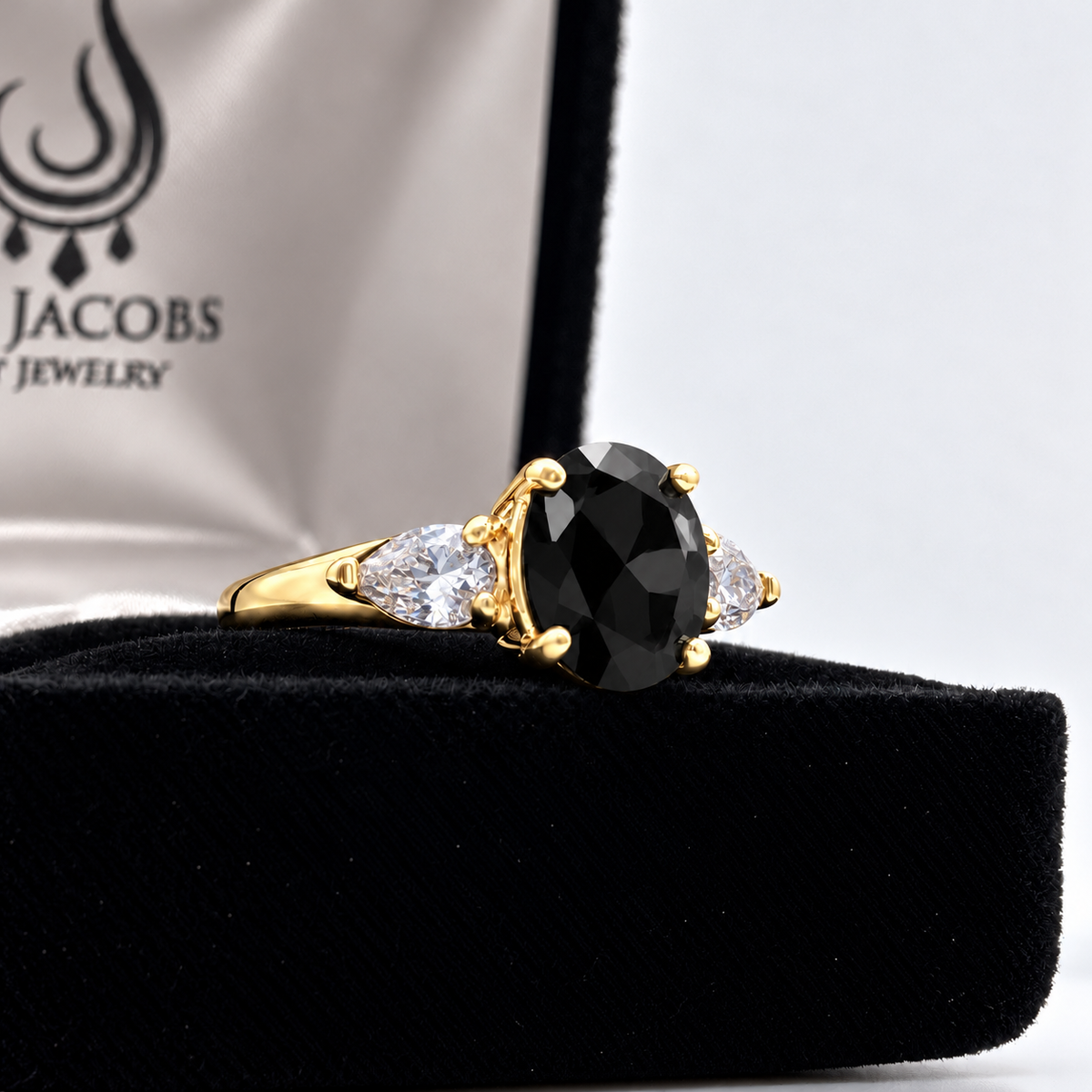 Oval Cut Faceted Black Onyx & White Sapphire Ring