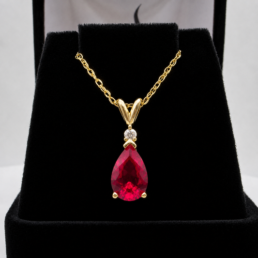 2.2CT Pear Cut Ruby Pendant Necklace | Natural Diamond Accent