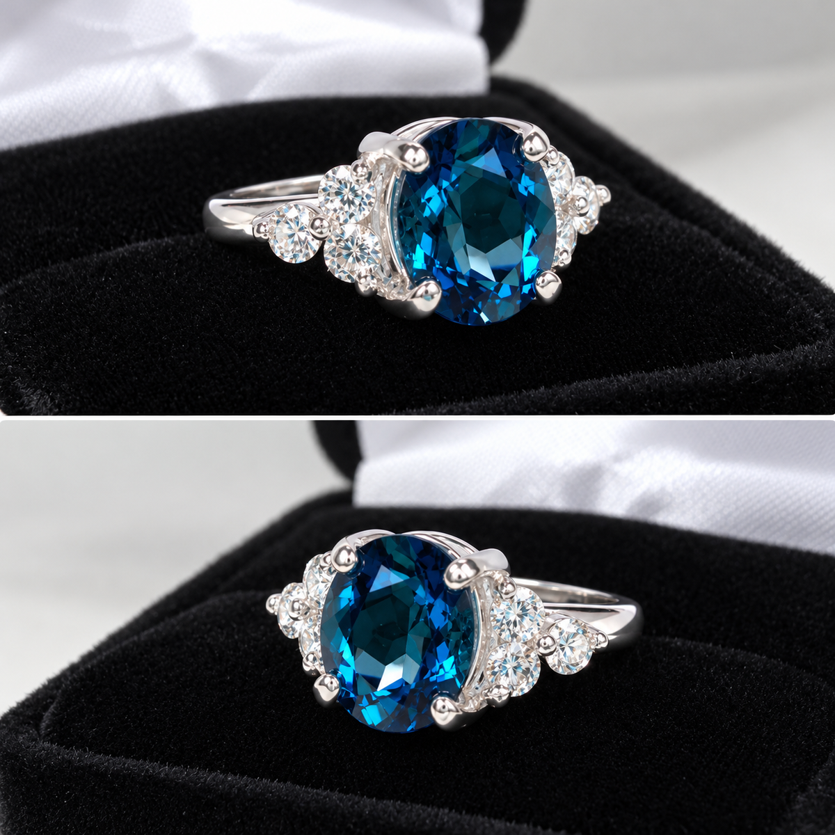 4.5ctw London Blue Topaz & White Topaz Cluster Ring – Victorian Inspired