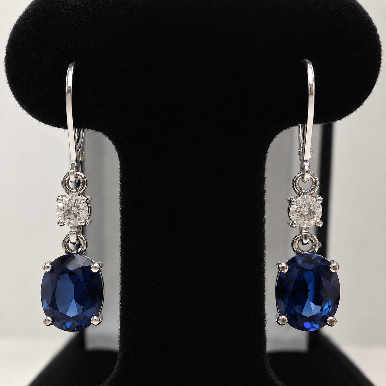 6.4 CTW Oval Cut Blue Sapphire & White Sapphire Earrings