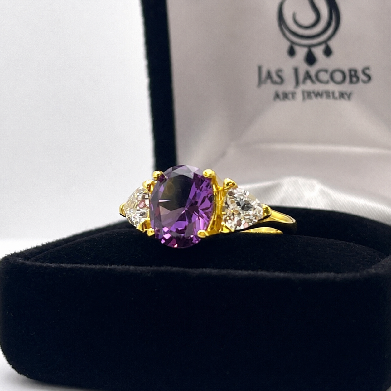 4ctw Color Change Alexandrite Sapphire Ring | Trillion White Sapphires | Three-Stone Ring