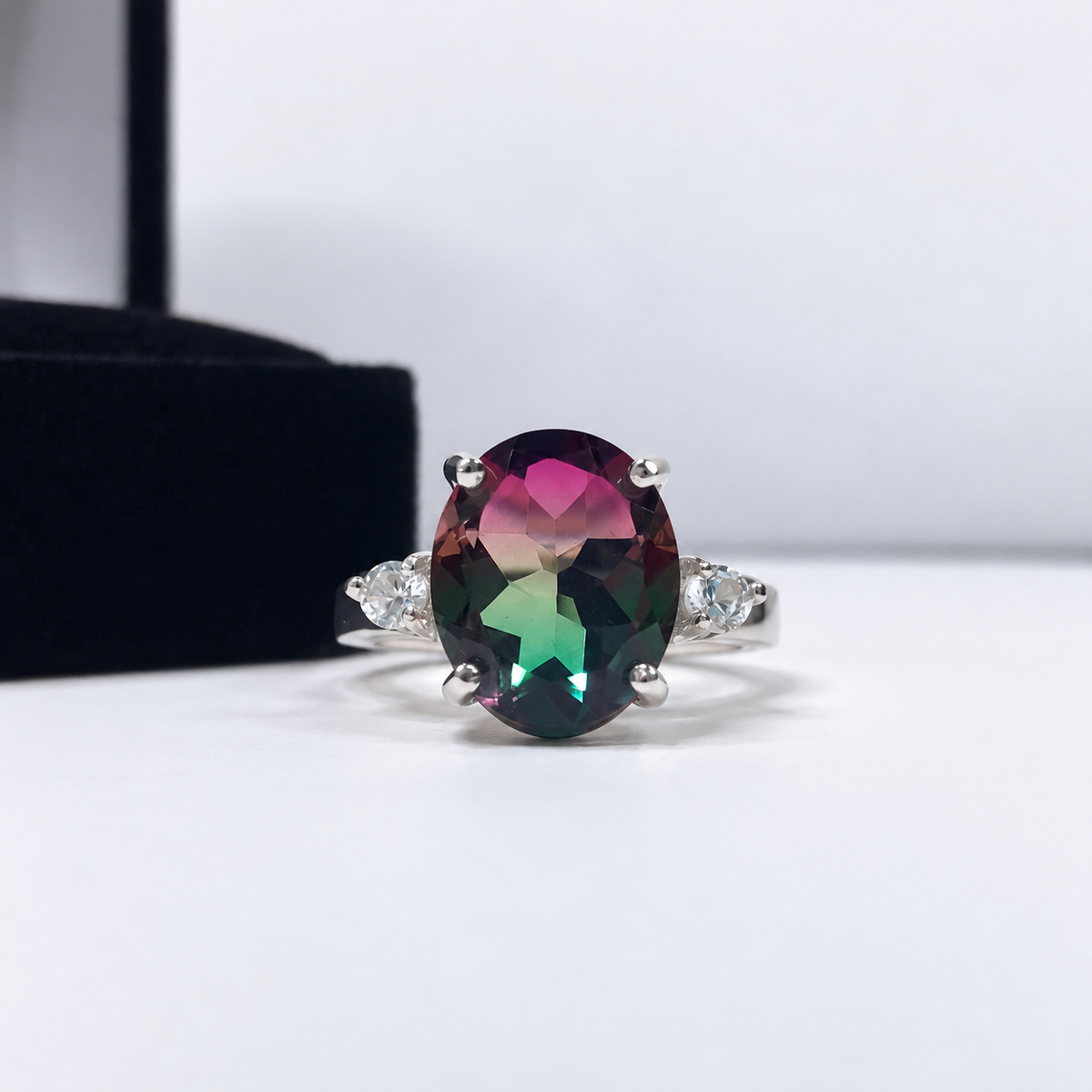 Watermelon Tourmaline Quartz Doublet & White Sapphire Statement Ring