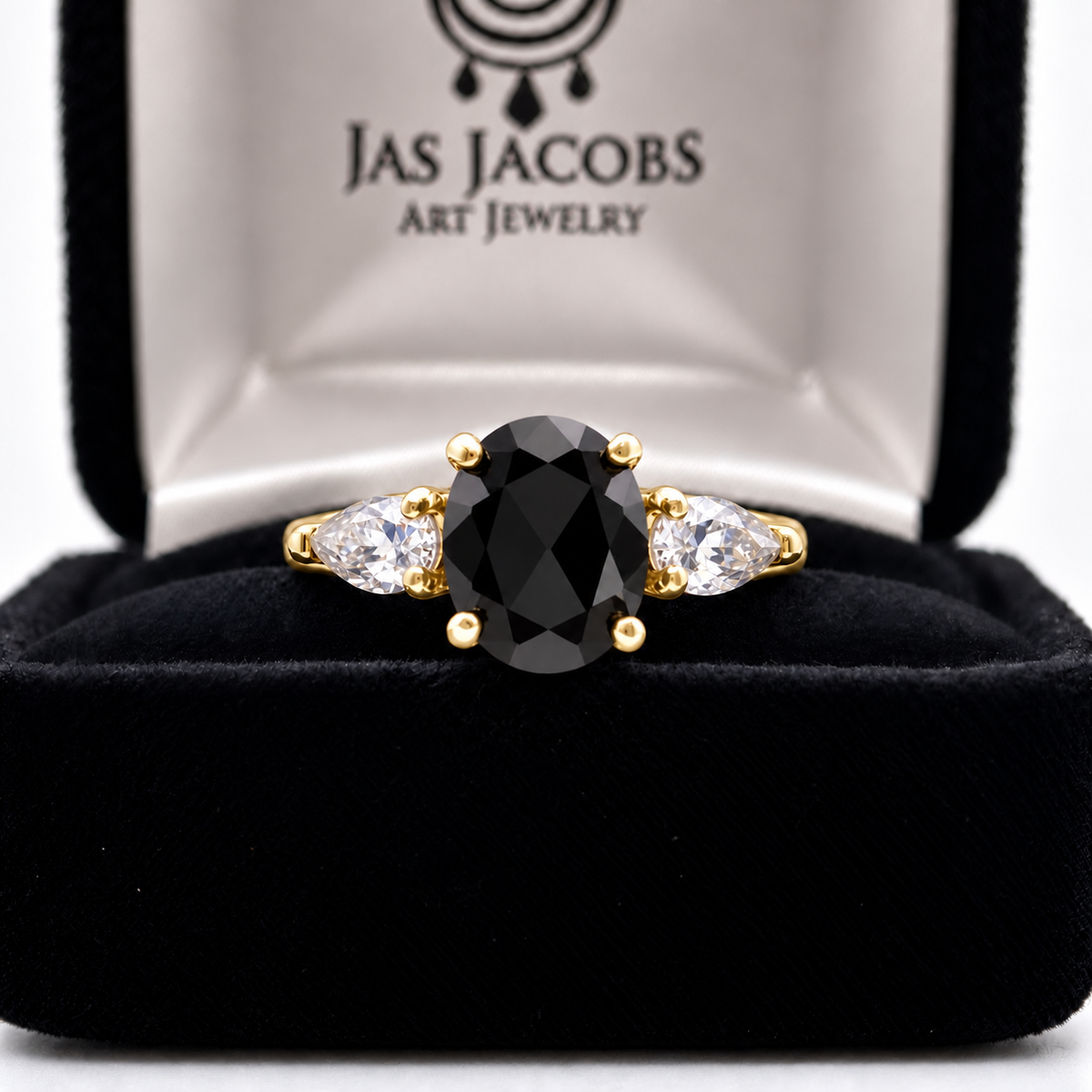 Oval Cut Faceted Black Onyx & White Sapphire Ring
