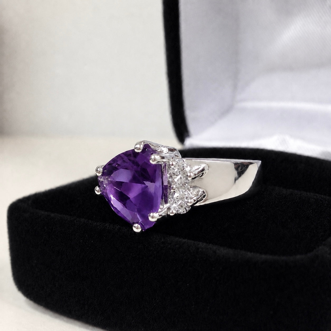 3ctw Trillion Cut Amethyst & White Sapphire Sculptural Asymmetrical Ring