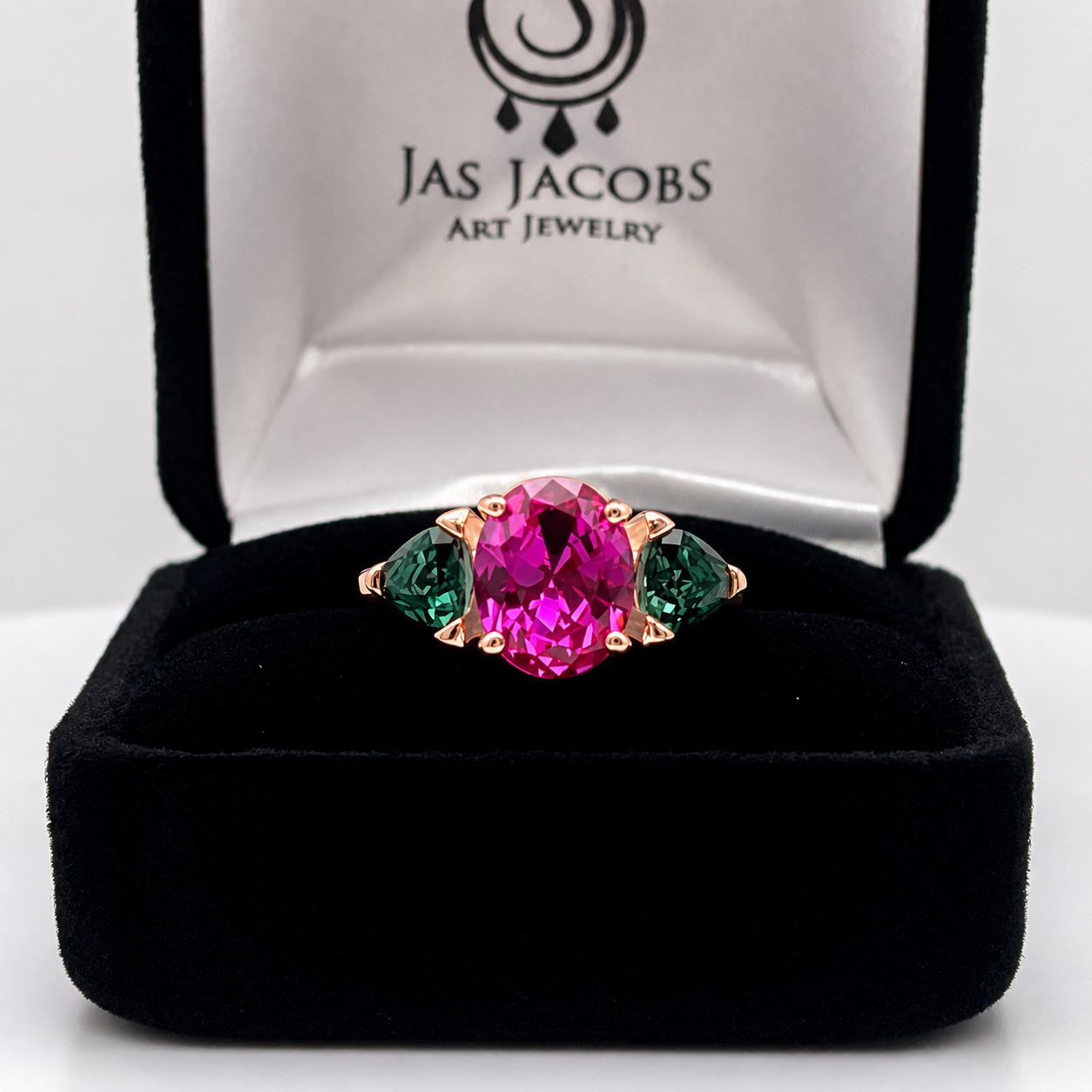 Watermelon Ring | 5CTW Oval Pink Sapphire Ring | Trillion Green Tourmaline Three Stone Ring