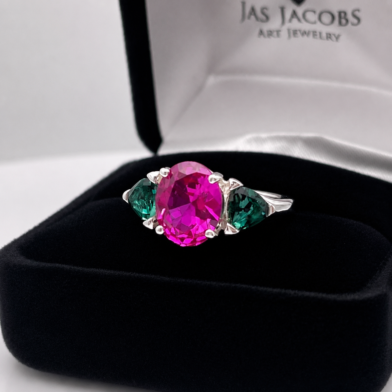 Watermelon Ring | 5CTW Oval Pink Sapphire Ring | Trillion Green Tourmaline Three Stone Ring