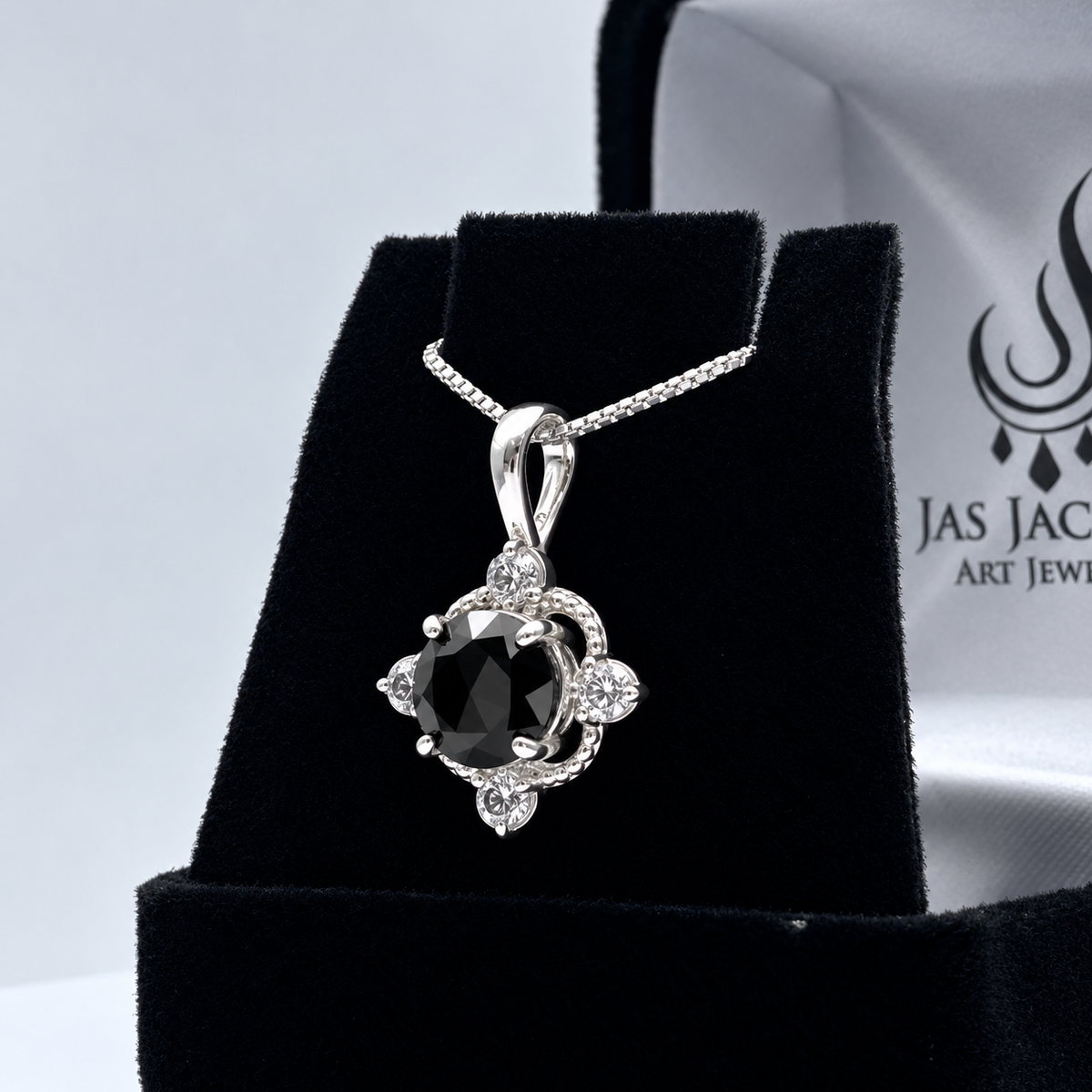 2.4ctw Ornate Black Onyx & White Sapphire Pendant Necklace