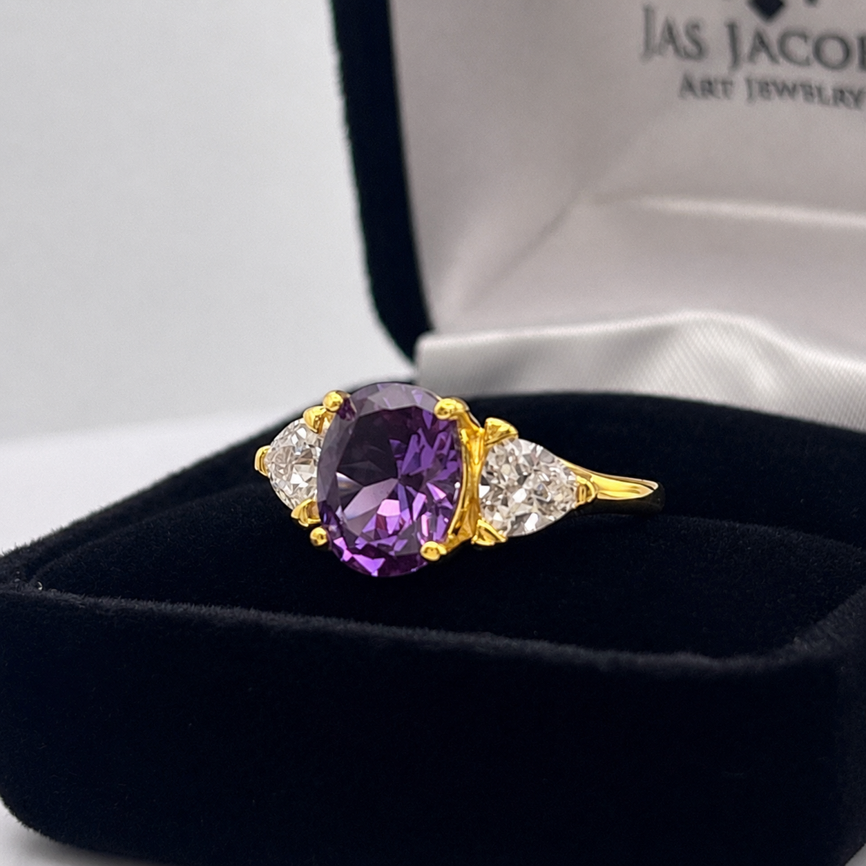 4ctw Color Change Alexandrite Sapphire Ring | Trillion White Sapphires | Three-Stone Ring