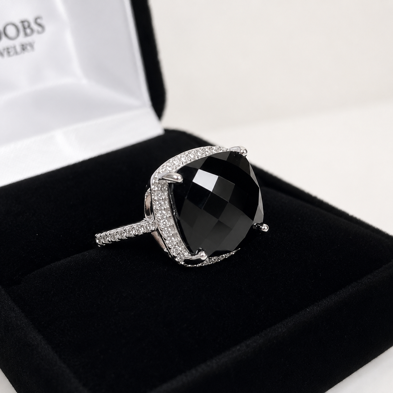 12ct Cushion Cut Black Onyx Halo Ring