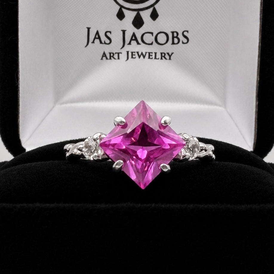 Princess Cut Pink Sapphire & Diamond Ring | Vintage-Inspired Ring | Made and Sized to Order in Sterling Silver & 10K or 14K Gold