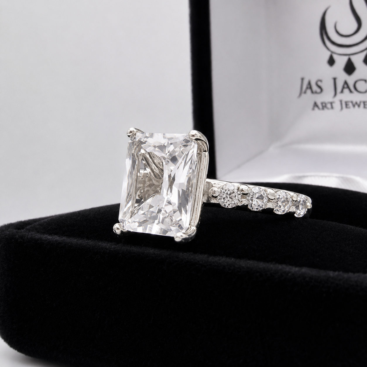 4CT Emerald Cut White Sapphire Ring | 0.64 CTW Diamond Accent Engagement Ring