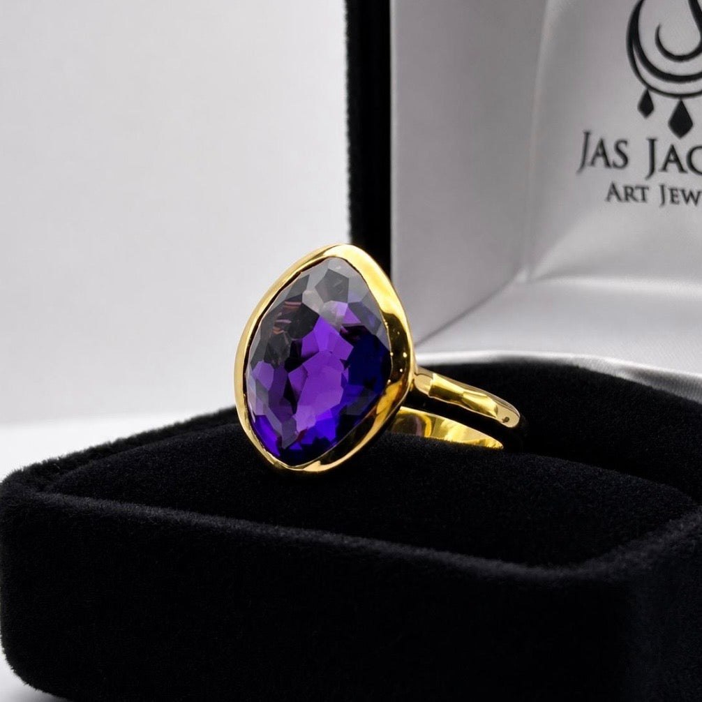 5ct Checker Cut Amethyst Ring | 18K Yellow Gold Vermeil | Modern Bezel Statement Ring