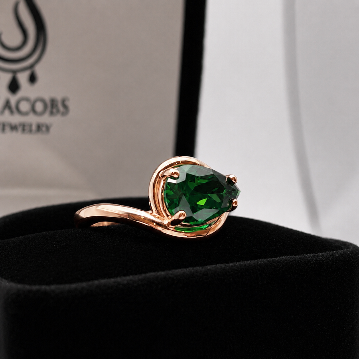 Pear Cut Emerald Ring in White Gold, Yellow Gold or Rose Gold | Side Set Emerald Solitaire Ring | Custom Made May Birthstone Ring