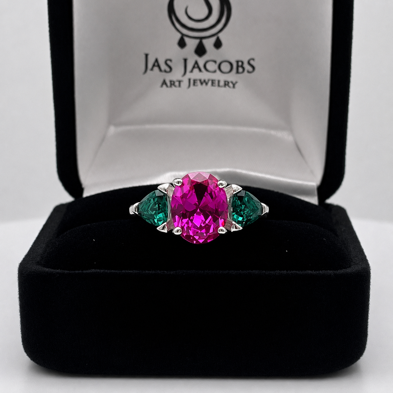 Watermelon Ring | 5CTW Oval Pink Sapphire Ring | Trillion Green Tourmaline Three Stone Ring