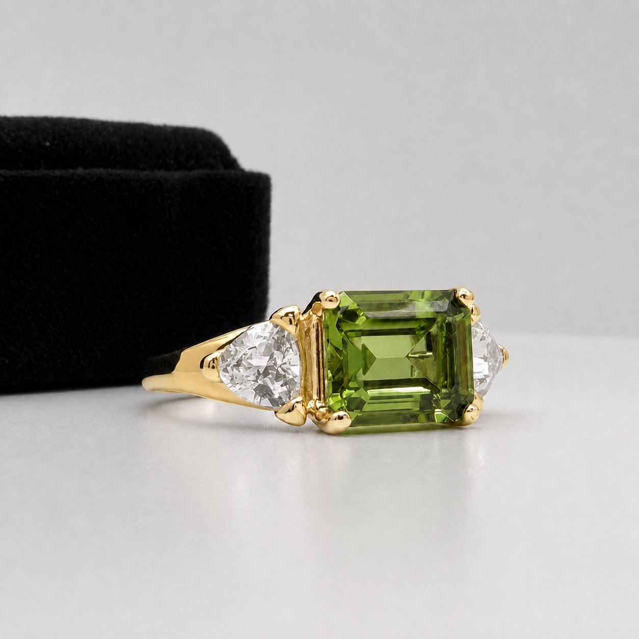 Emerald Cut Peridot & Trillion White Sapphire Art Deco Ring