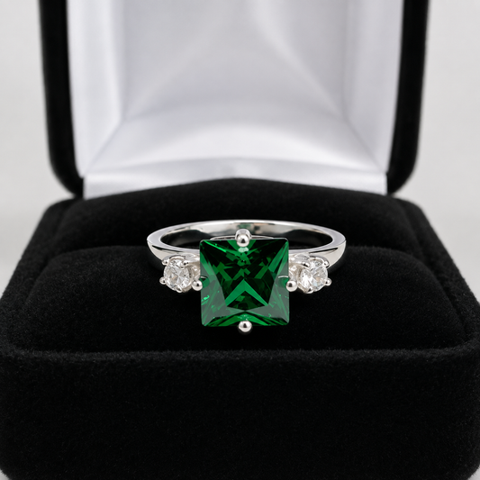 Princess Cut Simulated Emerald & White Sapphire Art Deco Ring